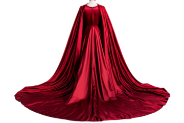 Elegant long red satin dress and cape, flowing train, cut out transparent