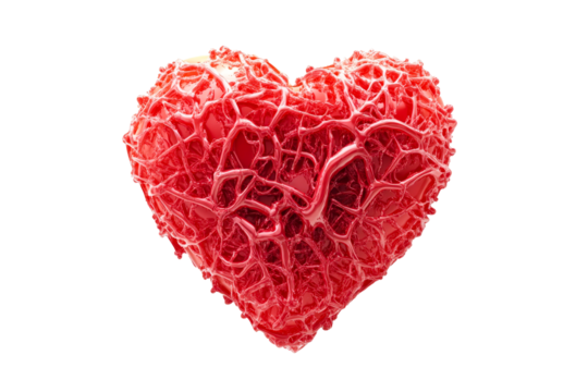 Red abstract heart with surface veins, love symbol concept, cut out transparent