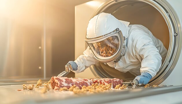 Astronaut inspecting meat in facility. - Powered by Adobe