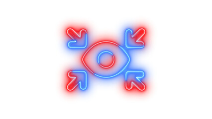 Neon arrows to eye symbol icon blue red color glowing with transparent background