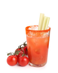 Glass of bloody mary with celery and tomatoes on white background