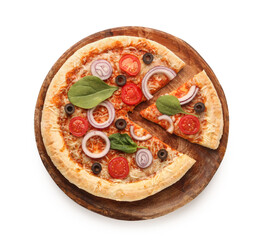 Board of tasty pizza with basil and tomatoes on white background