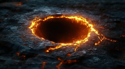 Fiery volcanic crater at night, glowing magma