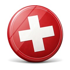 Obraz premium A bold red circle emblem showcasing a prominent white cross, symbolizing healthcare and medical assistance, with a glossy, three-dimensional effect.