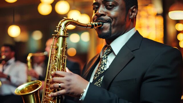 African American musician playing saxophone at jazz club showcasing musical artistry