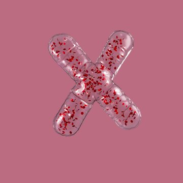 3d animation of a transparent letter X inflating balloon with red confetti on alpha channel