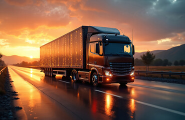 Modern semi-truck on highway during sunset. Transportation, global logistics network, delivery, innovation, warehouse and storage. Efficiency, automation, tracking, and optimization of shipments.