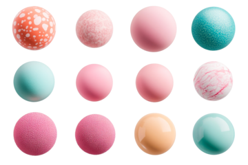 Twelve colorful textured spheres, isolated against black background, cut out transparent