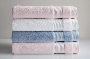 Minimalist bathroom with towels and bath care products. Ideal for spa services, body care promotions, or home wellness.

