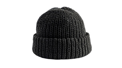 Knitted black beanie isolated on transparent background for winter warmth