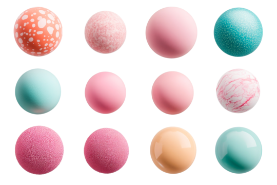 Twelve colorful textured spheres, isolated against black background, cut out transparent