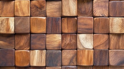 Fototapeta premium A soft sheen wall background with square tiles is depicted in a 3D render, which also features 3D wallpaper with wood and timber blocks