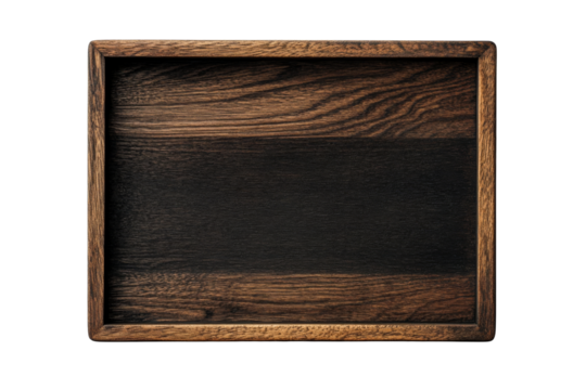 Empty wooden tray with dark wood grain texture pattern , cut out transparent