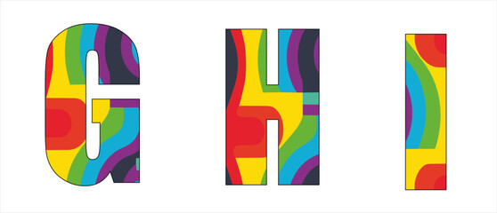 Vector font with geometric abstract
bright colorful pattern in lgbt style. 
A set of letters of english alphabet in rainbow colors for
clothing, fabric, textile, paper, inscription on t-shirt.