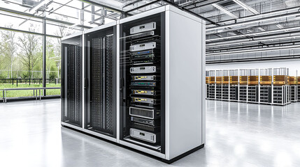 High-Tech Data Center Server Room: Powerful Network and Computing