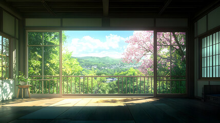 Fototapeta premium Pixel Art Japanese Interior With Cherry Blossom View
