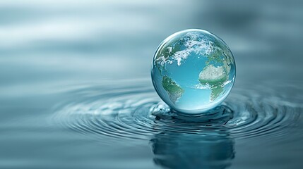 Global water conservation Earth globe on water, ripples spreading, blue background.  Use environmental awareness campaign