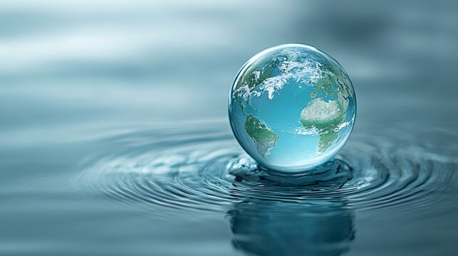 Global water conservation Earth globe on water, ripples spreading, blue background.  Use environmental awareness campaign