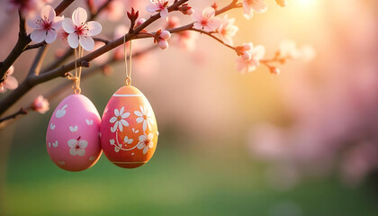 Pastel Easter eggs hanging on blooming cherry branches, ideal for spring holiday cards, Easter promotions, seasonal decorations, and religious celebration designs, created with generative ai