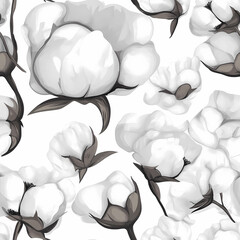 Cotton flower illustration seamless pattern, gray tones, texture