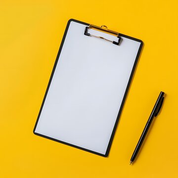 a clipboard with a blank paper sheet and a pen