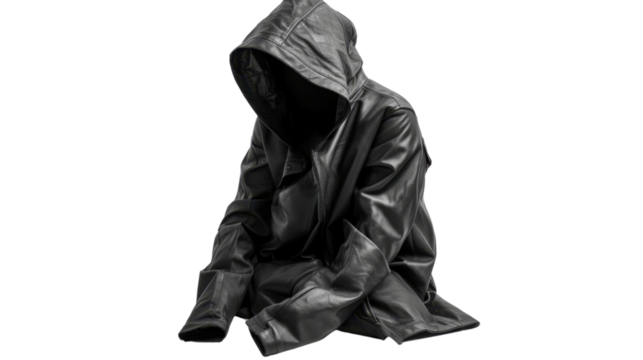 Hooded figure sitting in a leather coat on transparent background