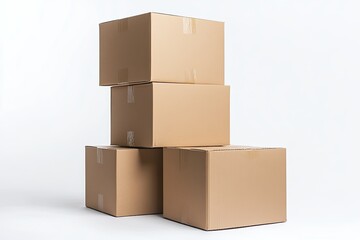 Stack of three cardboard boxes on white background.