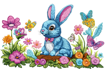 embroidered colorful easter bunny illustration with flowers and eggs isolated png transparent background
