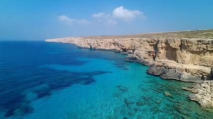 Obraz premium Aerial View Of A Rocky Coastline With Turquoise Waters And A Blue Sky In A Sunny Day