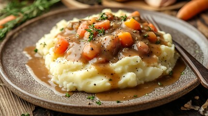 Mashed potatoes with gravy on a wooden table high resolution picture
