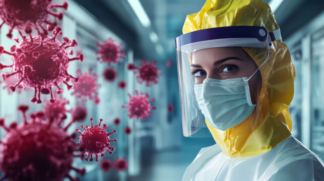 Healthcare worker in protective gear during infectious disease outbreak in a medical facility