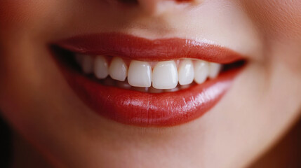 Obraz premium Bright smile showcases healthy teeth and vibrant lipstick in close-up view with natural lighting