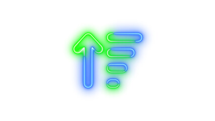 Neon arrow-up-wide-short symbol icon blue green color glowing with transparent background