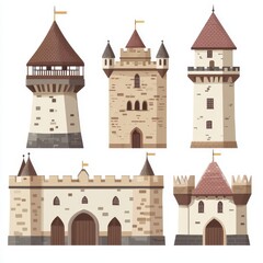 Fototapeta premium Collection of medieval castle towers featuring magic fantasy fortresses, isolated turrets, and brick towers with ramparts and windows