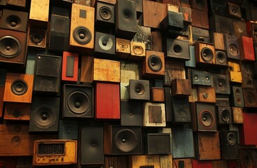 Obraz premium The wall features music speakers in a monochrome vintage style