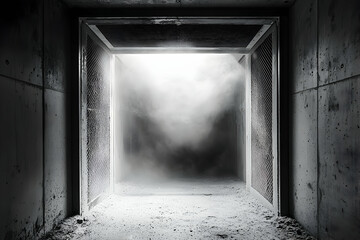 A dark concrete room with a wire mesh door filled with bright white smoke