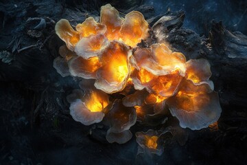 Glowing mushrooms cluster on dark, decaying wood, emitting an ethereal, warm light.