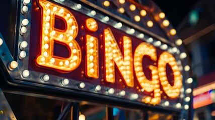 Exciting bingo night at a lively event in a vibrant city with bright neon lights