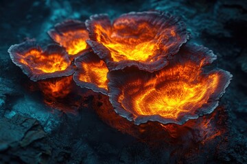 Glowing lava-like mushrooms illuminate a dark, volcanic landscape.