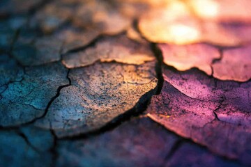 Close-up view of cracked earth, displaying vibrant purple and teal hues under sunlight.