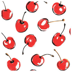 Scattered cherry illustrations in bright red tones, ideal for food-themed art and playful pattern design