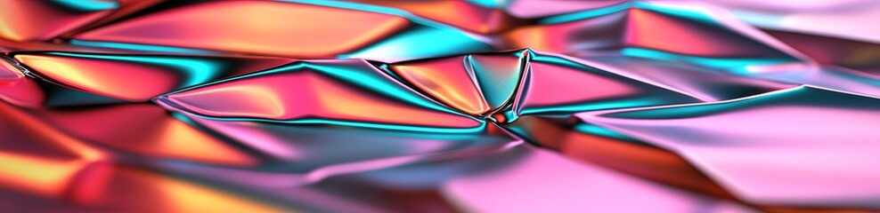 Vibrant multicolored 3D render of a modern abstract banner with refractive crystal shapes and available copy space