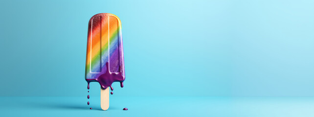 Multicolored ice lollies in the shades of the gay pride flag set against modern minimalist backgrounds with copyspace perfect for summer joy and LGBTQ+ representation