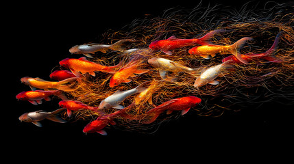 Koi Fish School In Motion With Particles