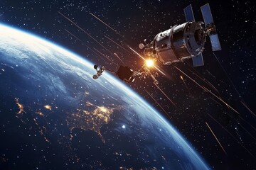 Obraz premium Satellite orbiting earth with glowing atmosphere and starry sky