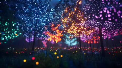Obraz premium Colorful Illuminated Trees At Night In A Magical Forest With Glowing Lights And A Serene Field Background