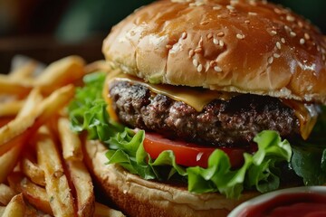 Juicy burger with fries on rustic table. AI generated