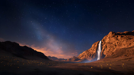 Majestic Waterfall Cascading Down Rocky Canyon Under Starry Night Sky Illuminated With Golden Glow