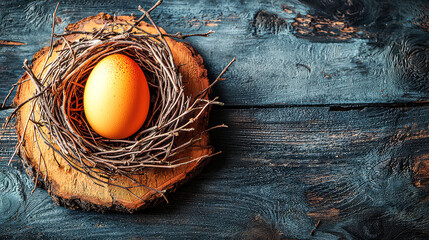 A single egg in a rustic bird's nest on a wooden background. Perfect for Easter or spring themes.
