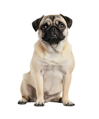 Pug sitting, full-body portrait on Png Format and Transparent Background